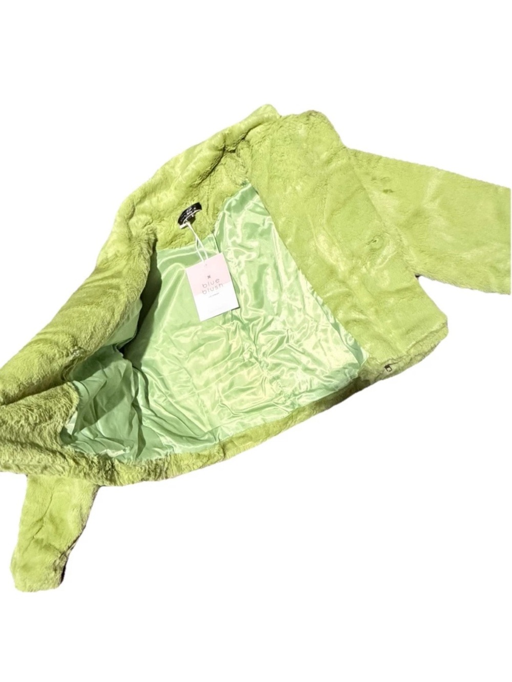 Women’s Blue Blush Lime Green Faux Fur Cropped Puffer Jacket